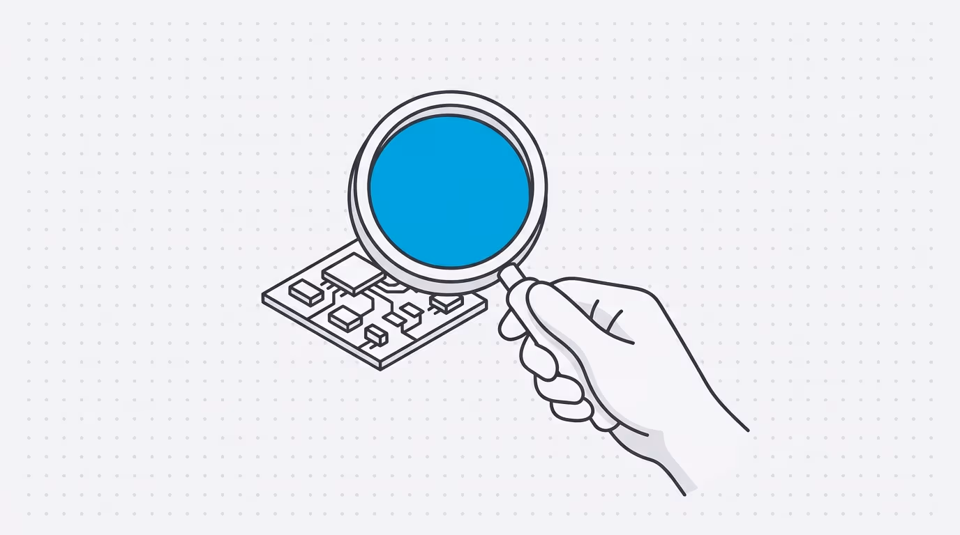 Line-art illustration of a magnifying glass over a circuit board