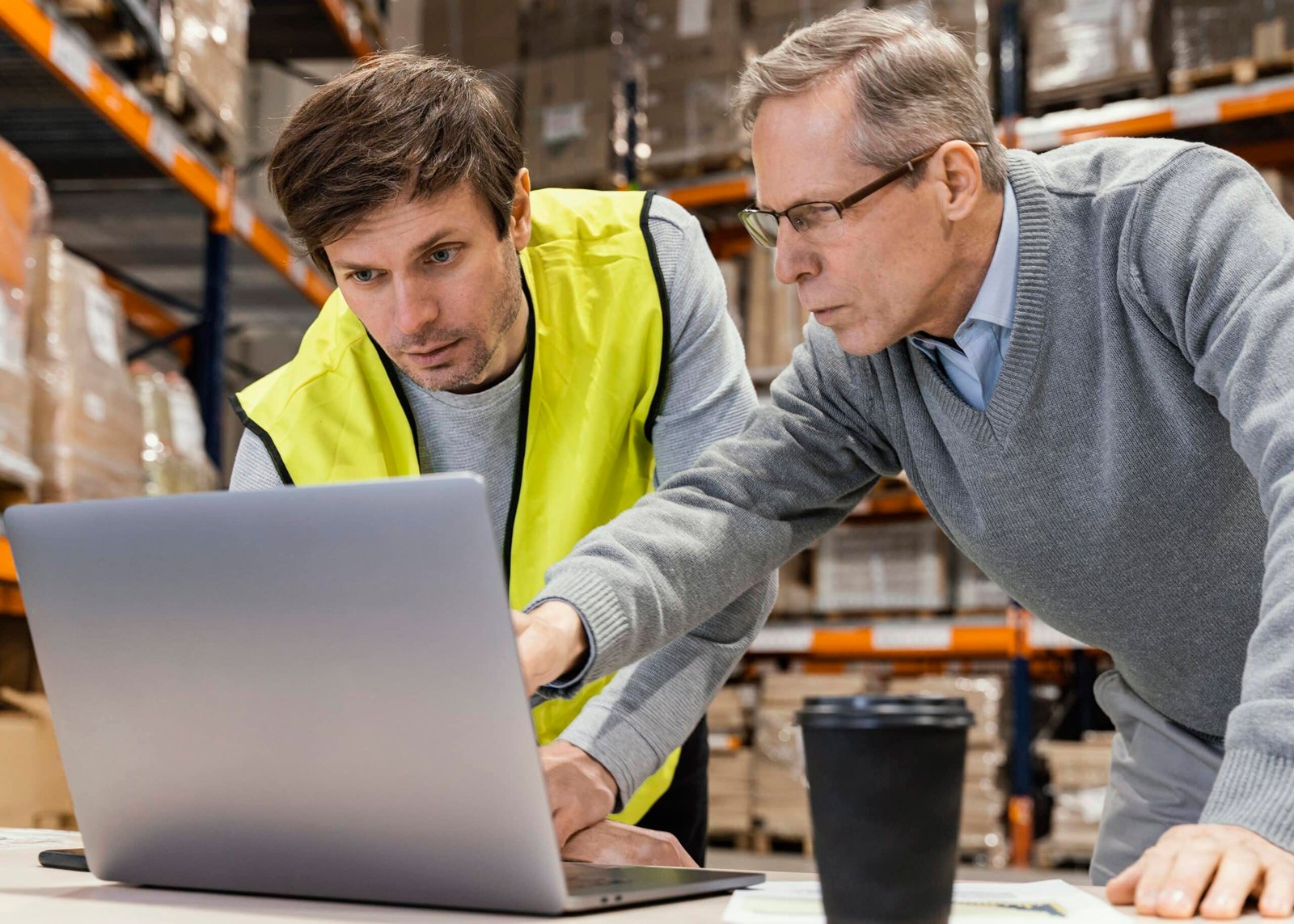 Two warehouse workers using a laptop to check logistics and manage inventory.