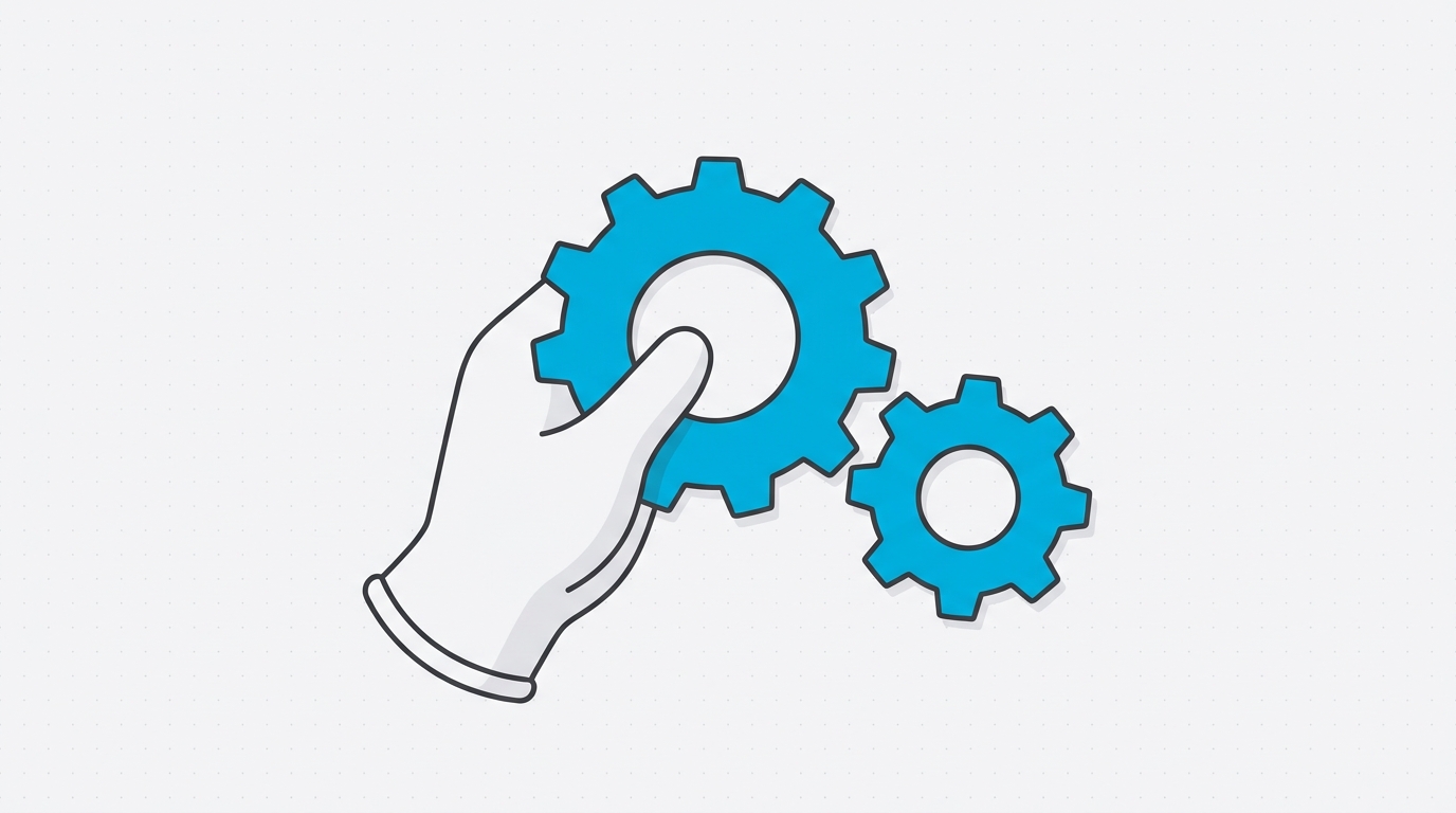 Line-art illustration of a hand turning gears, representing finding a manufacturer