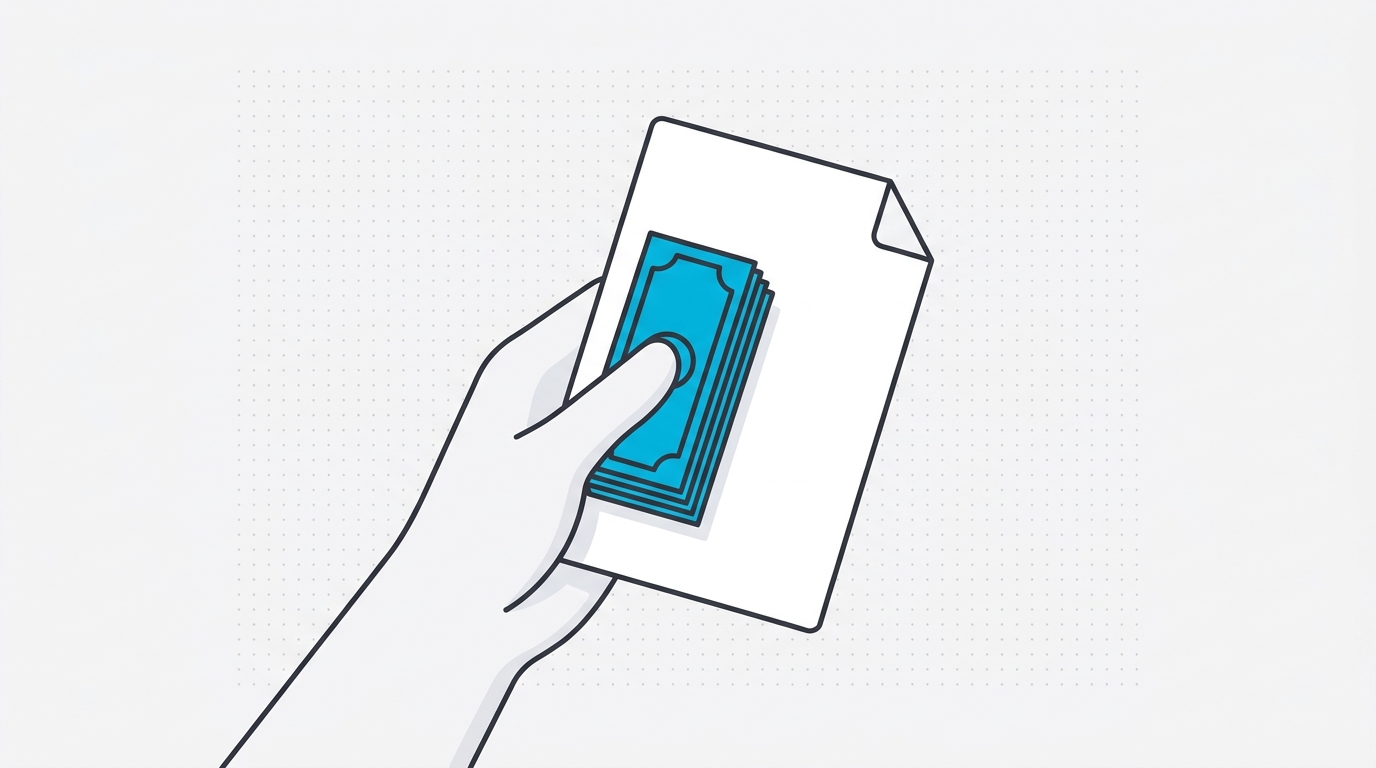 Line-art illustration of a hand holding a refund document with cash