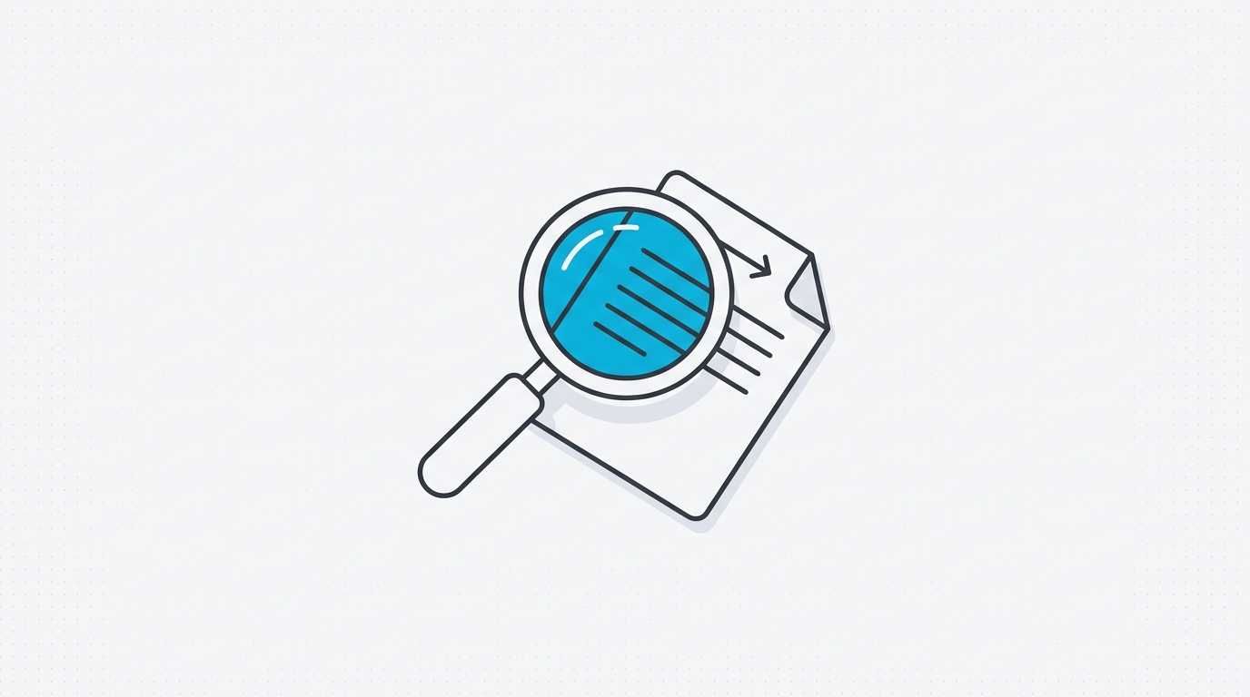 Line-art illustration of a magnifying glass over a tariff document