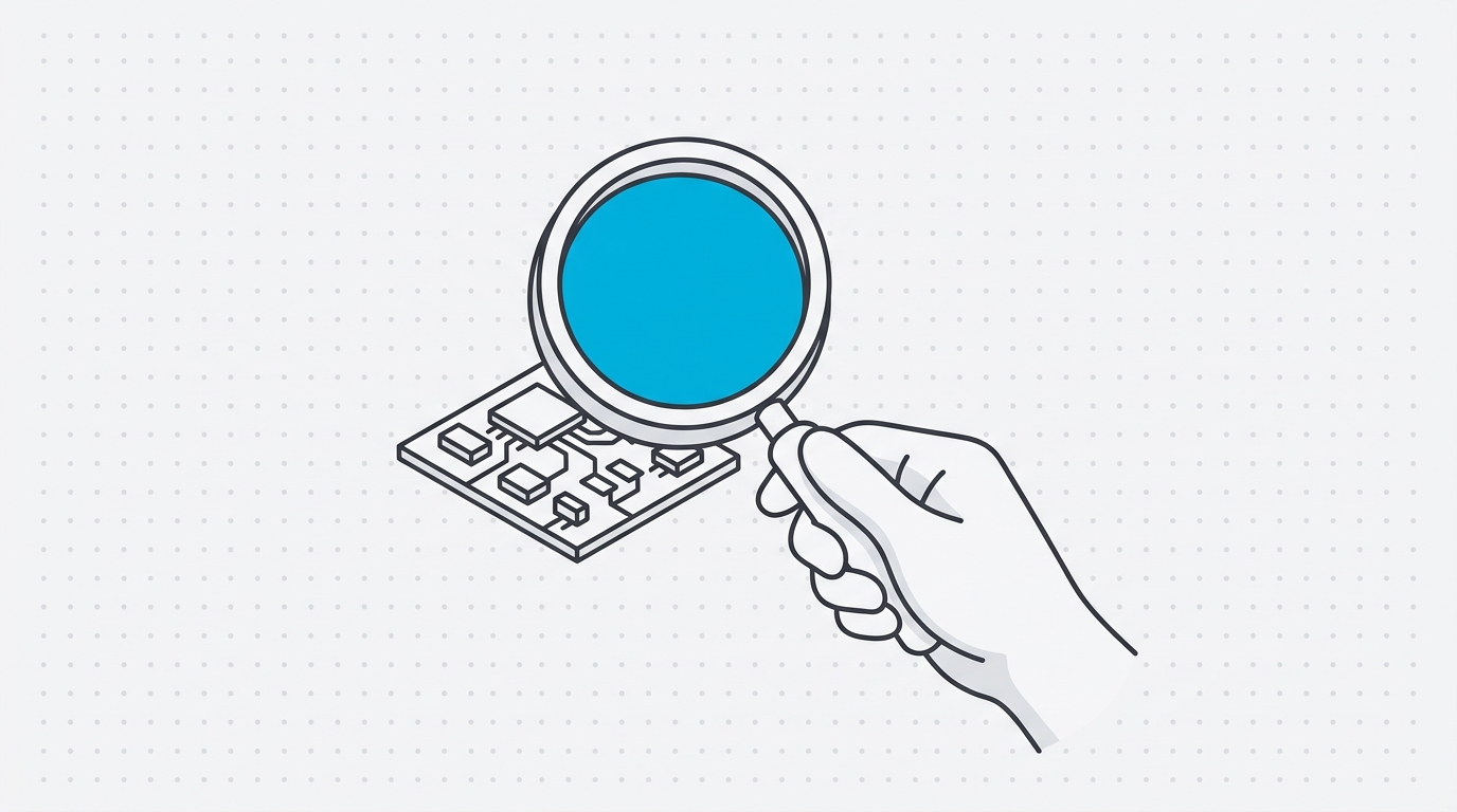 Line-art illustration of a magnifying glass over a circuit board
