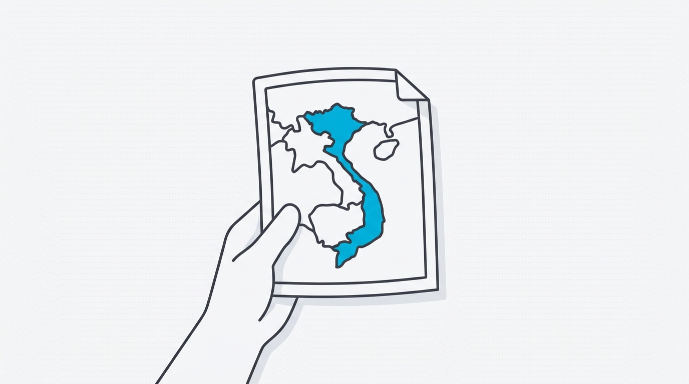Line-art illustration of a map and origin documents